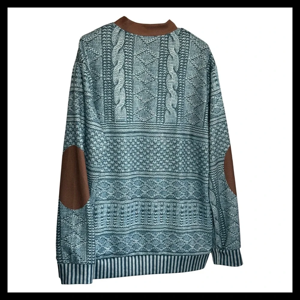 Mens XL Blue Multi Pattern Knit Quarter Zip Pullover Sweater Elbow Patches - Picture 2 of 3